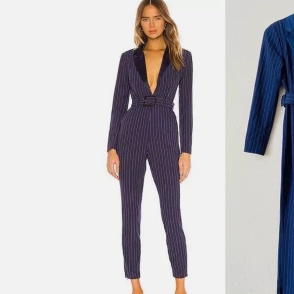 WeWoreWhat: Navy Pinstripe Belted Blazer Jumpsuit Slim Leg, Ankle Length Sz L - Picture 1 of 6